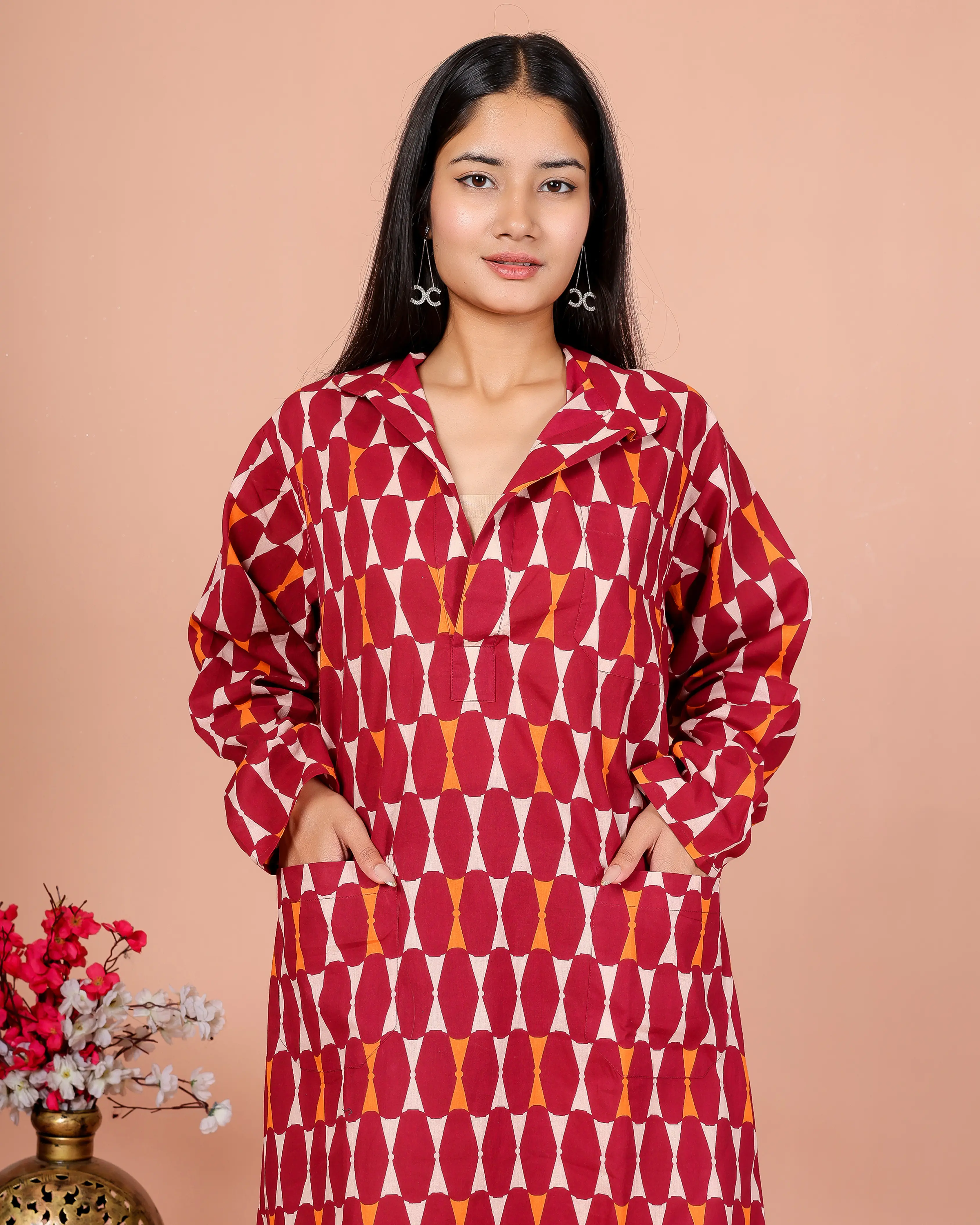 Maroon Abstract Printed Mini Shirt Dress for Women