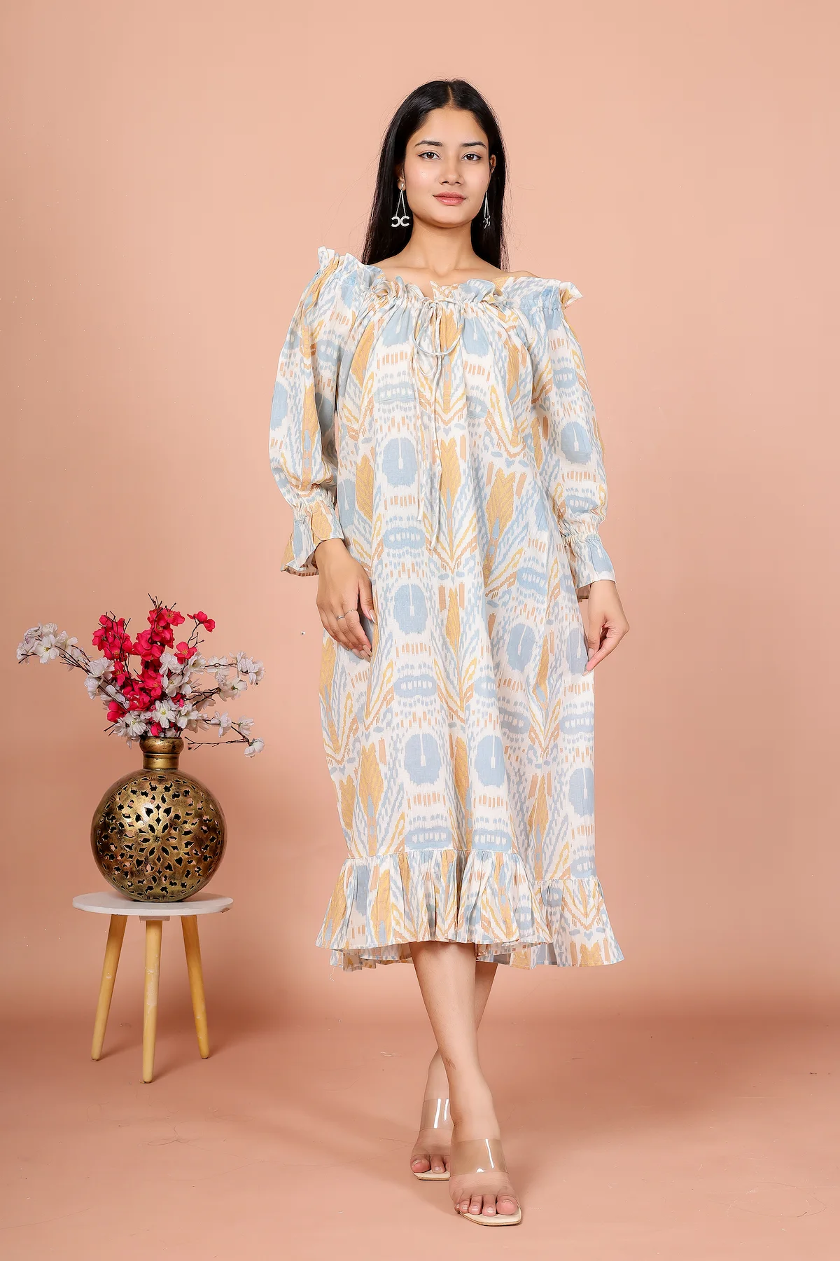 The Pastel Muse – Abstract Printed Ruffle Hem Midi Dress