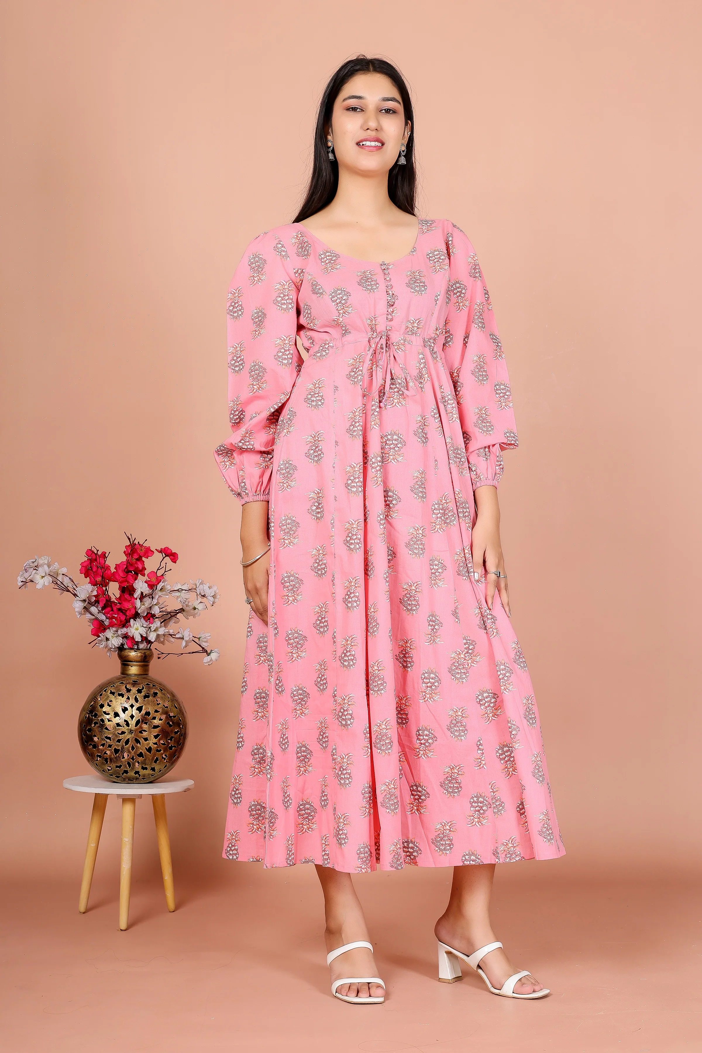 The Pink Blossom – Floral Printed Flared Midi Dress