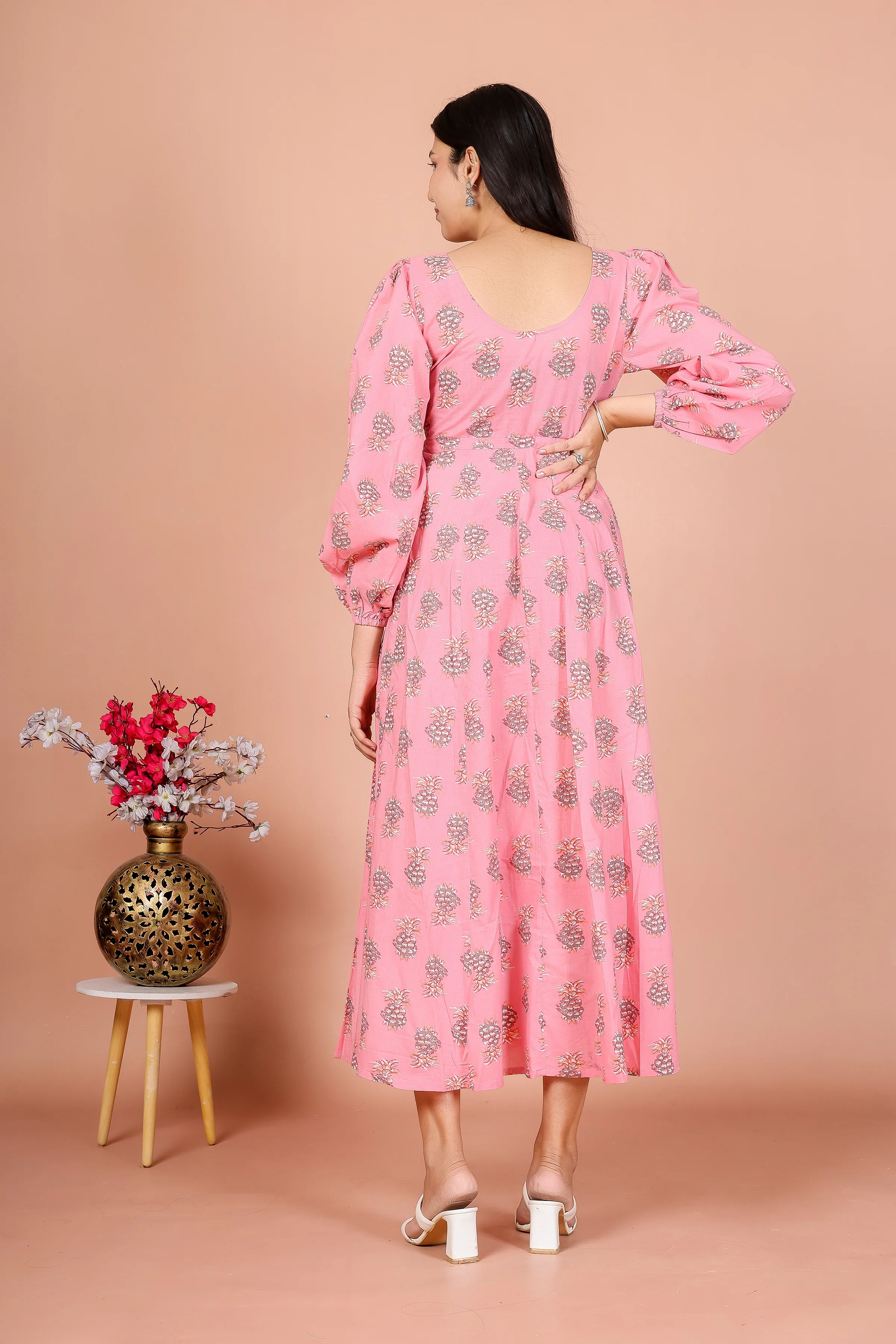 The Pink Blossom – Floral Printed Flared Midi Dress