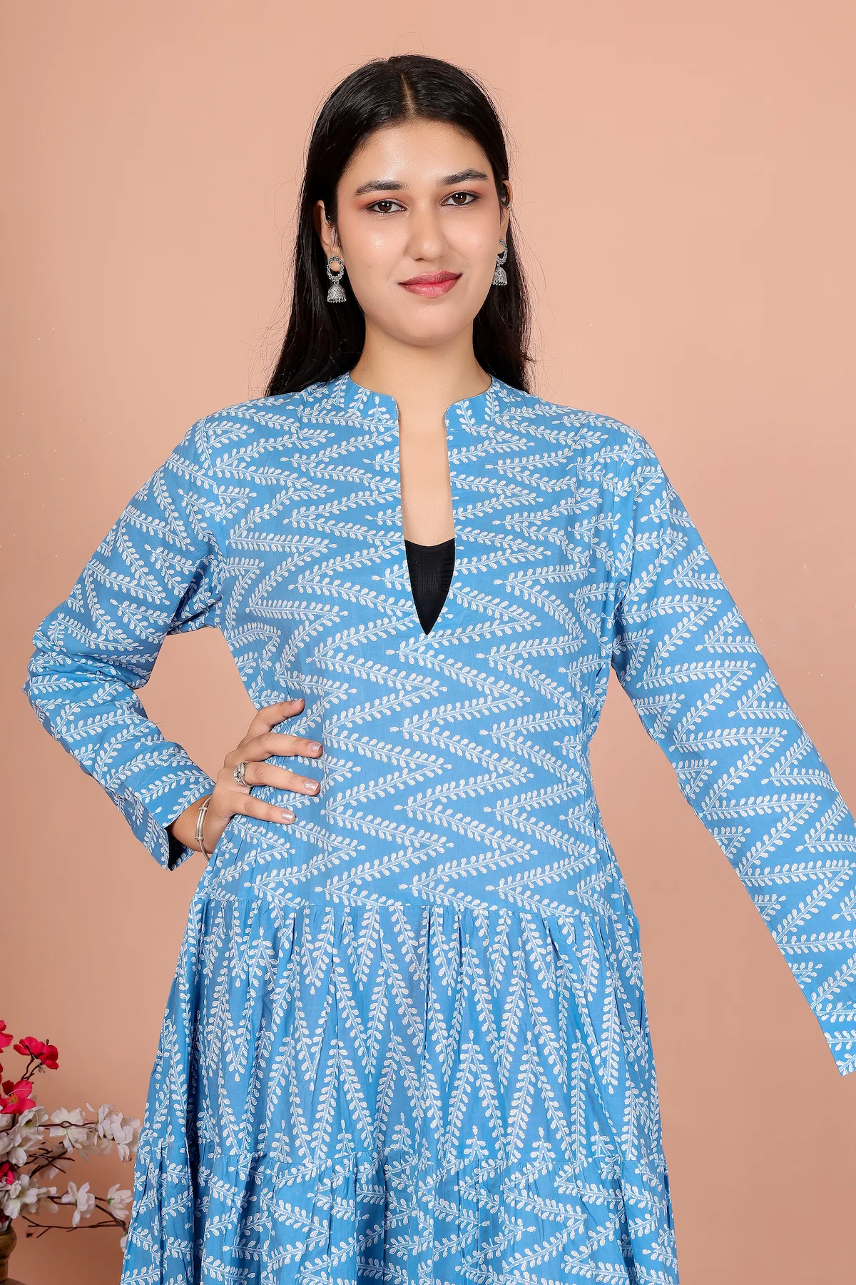Sky Blue Chevron Zig-Zag Print Empire-Line Dress